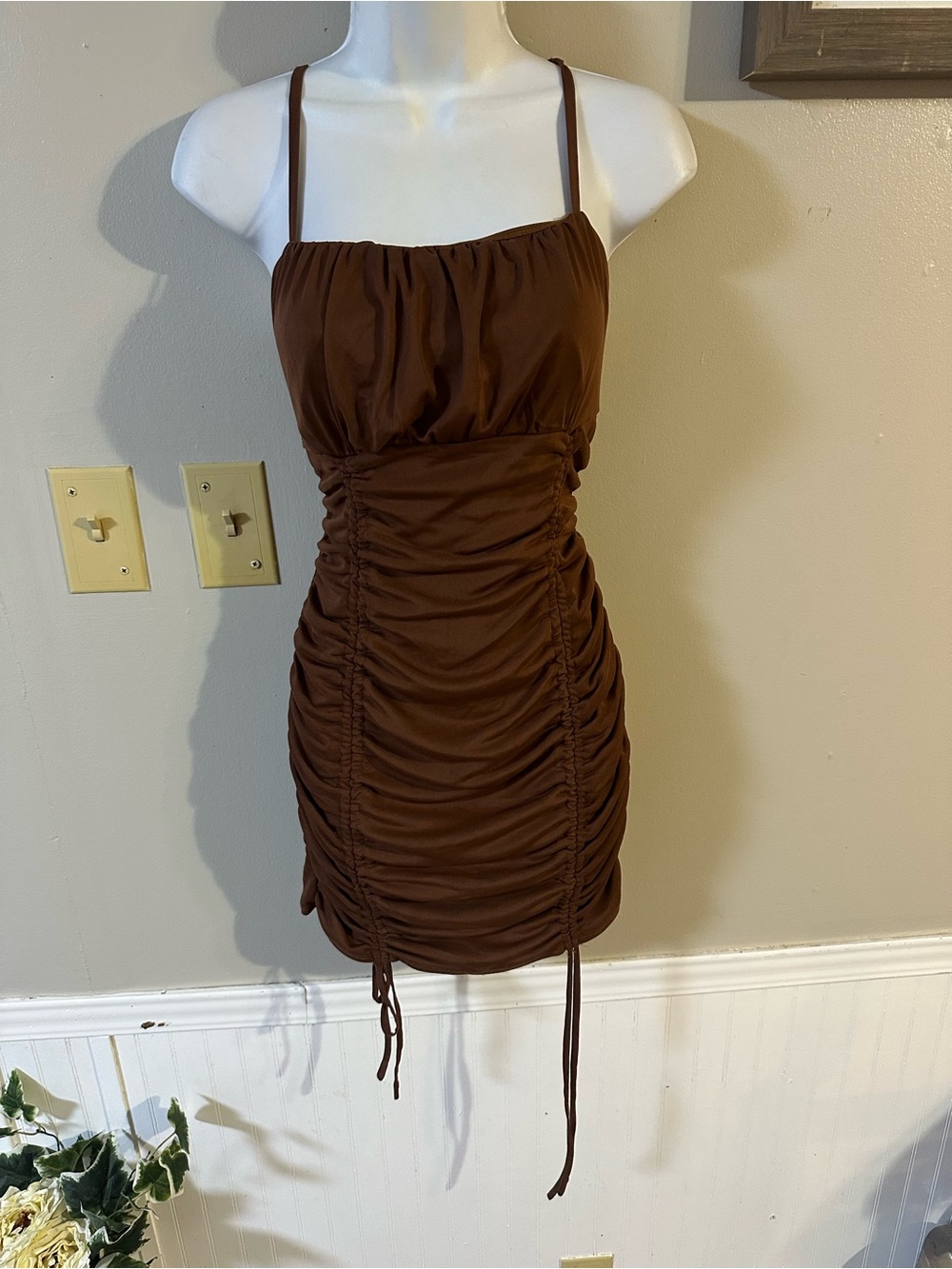 Chocolate Ruched Spaghetti-Strap Mini Dress